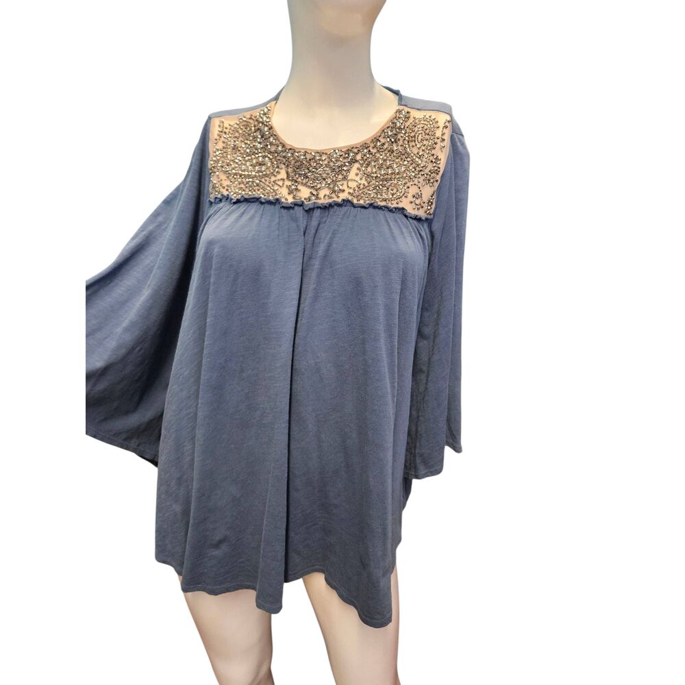 Deletta Blue Beaded Sheer Yoke Belle Sleeve Knit Top Womens Size XS